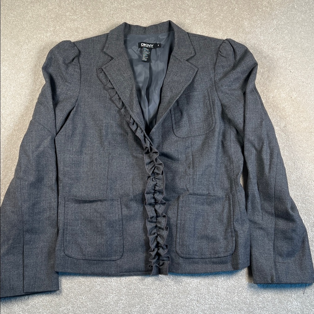 DKNY gray wool blazer poly lined peplum‎ sleeve snap ruffle front women's 8